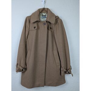 Y2K J Crew Wool OverCoat Womens Sz 4 Tan Camel Lined‎ Winter Jacket Hood Collar